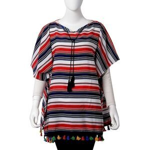 Poncho with Bottom and Collar Tassels Striped